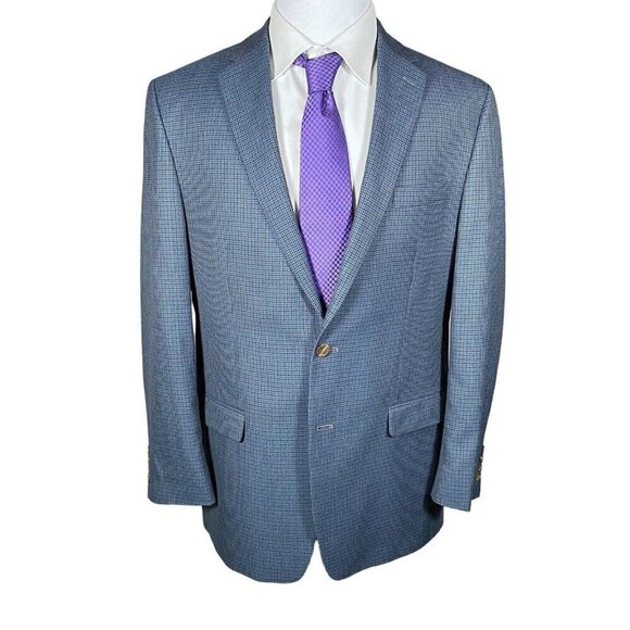 CHAPS Sport Coat 44L Blue Puppytooth Check Polyester Rayon Two Button Vented - Picture 2 of 15